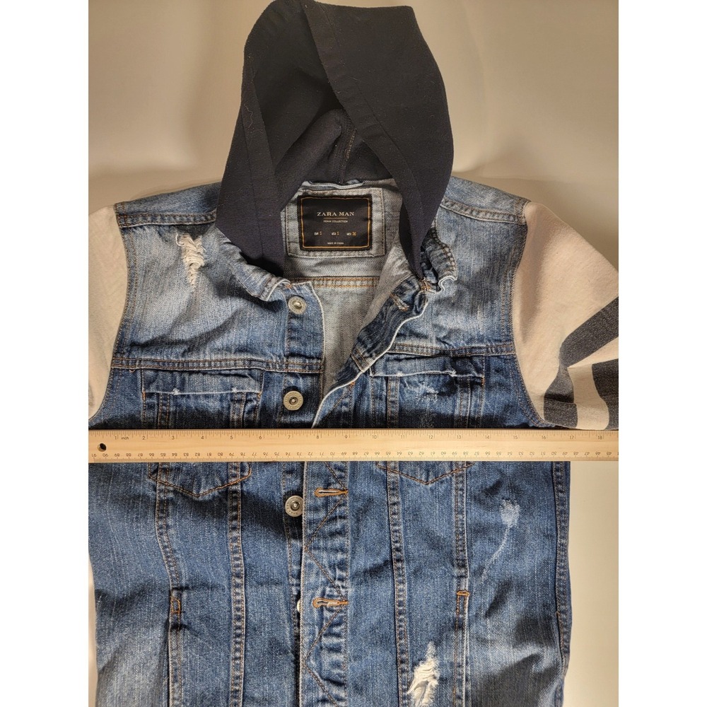 Zara Man Distressed Denim Hoodie Jacket Blue Cream Size S Small Mixed Media - Picture 3 of 7